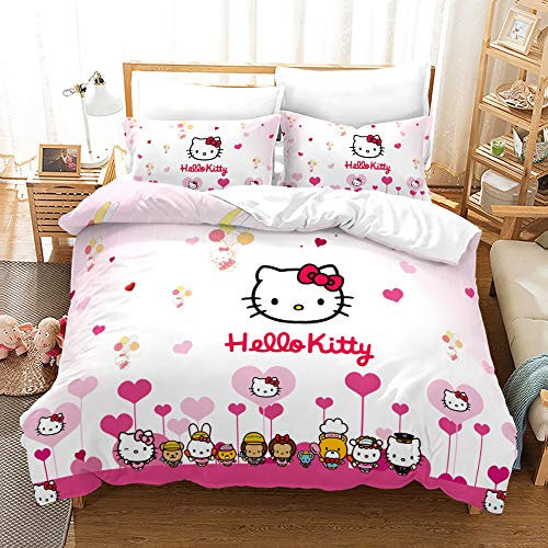 NICHIYOBI Hello Kitty Bettbezug Bettwäsche Set - Bettbezug und Kissenbezug,Mikrofaser,3D Digital Print dreiteiliger Bettwäsche (14,Single 135x200cm)
