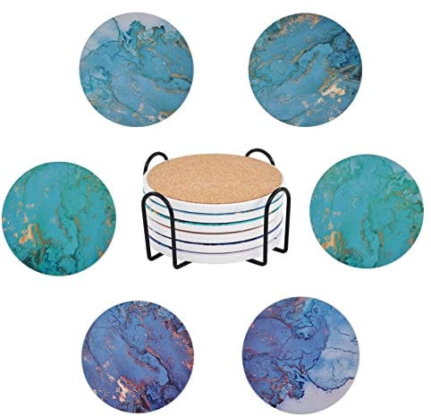 Absorbent Drink Coasters Set of 6, Blue Ceramic Coasters Cork Backing with Holder for Drinks