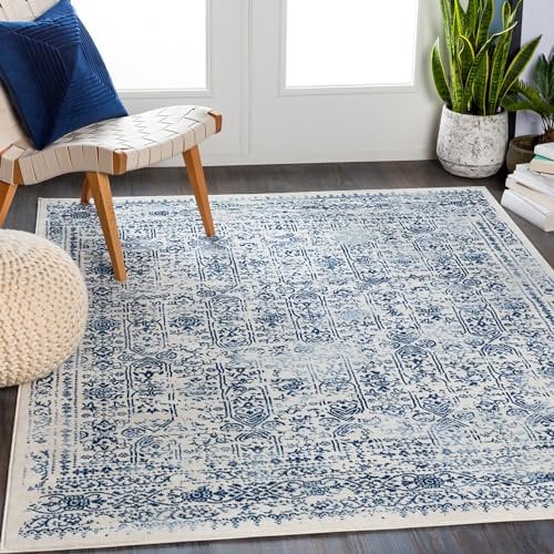 Livabliss Marrakech Vintage Teppich Groß - Orientalischer Boho für Wohnzimmer, Esszimmer, Schlafzimmer - 160x215 cm, Kurzflor für Einfache Pflege - Muster in Weiß und Blau