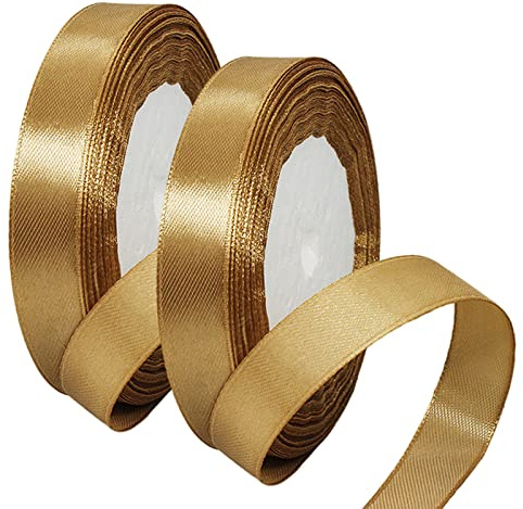 2 x 15mm Wide Gold Ribbon Champagne Gold Satin Ribbon 22m, 3/5 inch Thick Gold Ribbon for Gift Wrapping Wedding Car Christmas Tree Xmas Birthday Cake Hair Bow Florist Bouquet Crafts Decorations