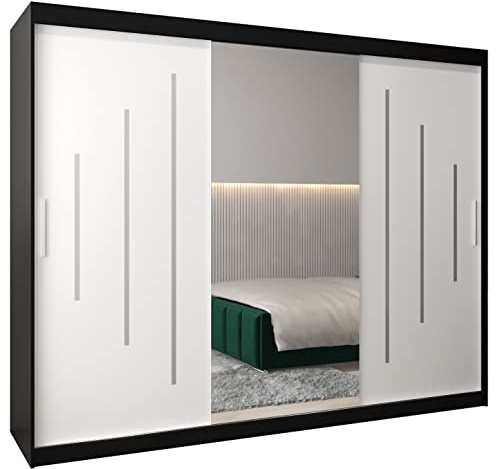 MEBLE KRYSPOL York 1 250 Schlafzimmerschrank mit DREI Schiebetüren, Spiegel, Kleiderstange und Regalen – 250x200x62cm - Mattschwarz + Mattweiß