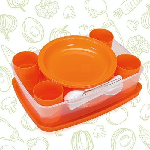 Juego de vajilla de pícnic para 4 personas, 25 piezas, reutilizable, irrompible, acampada y fiestas, 100% fabricado en Italia, 0% BPA