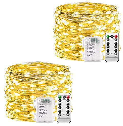 plainshe Battery Fairy Lights - 2 Pack, 10m 100 Led Copper Wire Fairy Lights, 8 Modes Remote Control Timer, Waterproof String Lights Battery Operated, Christmas Decoration Indoor Outdoor