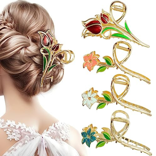 RAFIYU Mollettone Capelli Donna Pinza Grande 4 Pezzi,pinze capelli donna, fiori per capelli donna per Signore,porta mollette per capelli bambina,Per Ragazze Capelli Spessi e Sottili
