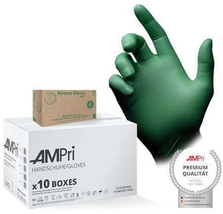 AMPri Biologisch abbaubare Nitrilhandschuhe, grün, 10 Box a 100 Stk, Größe M, puderfrei, Nature Gloves by Med-Comfort: Nitril Einmalhandschuhe, Einweghandschuhe in den Größen XS, S, M, L, XL