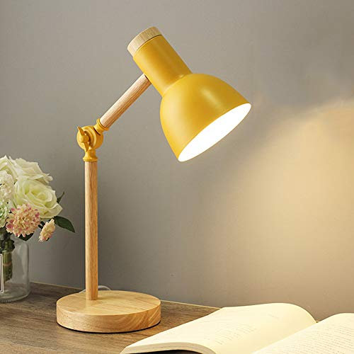 Mengjay Nordic Modern Creative Tischlampe Schlafzimmer Nachttischlampe Kinder Büro Augenschutz Lesetischlampe Verstellbare Schreibtischlampe E27 Holz Metall Nachtlampe (Yellow)