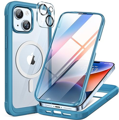 Miracase Magnetic Case for iPhone 15 Case 6.1-Inch, Full Body Bumper Clear Back Cover Compatible with MagSafe and Built-in 9H Tempered Glass Screen Protector + Camera Lens Protector (Surfing Blue)
