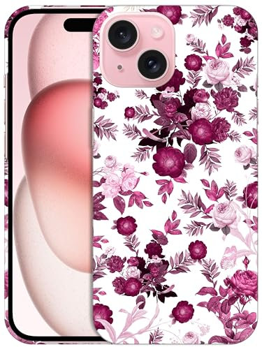 GlamCase for iPhone 15 Case, iPhone 15 Designer Case - Pink Burgundy Floral Pattern Design Printed Cute Plastic Hard Snap on Protective Designer Back Phone Case/Cover for iPhone 15 only.