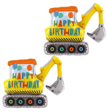 Nine San 2 Stück Happy Birthday Bagger Luftballon Groß 3D Geburtstag Digger Folienballon Baufahrzeuge Excavator Mylar Ballon Baustelle Baggerparty Deko Lieferungen Bau