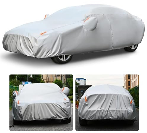 WAWOFUN Auto Abdeckplane Wasserdicht Autoplane Autoabdeckung, Staubdicht Kratzfest UV-Schutz Autoabdeckung mit Baumwollfutter, Autogarage Abdeckplane für Limousine 470 bis 490 cm Silber