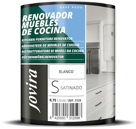 JOVIRA PINTURAS Pintura renovadora para Muebles de Cocina, acabado satinado al agua. Especial para renovar muebles de cocina, puertas, baños, etc. (750 Mililitros, Blanco) K-26