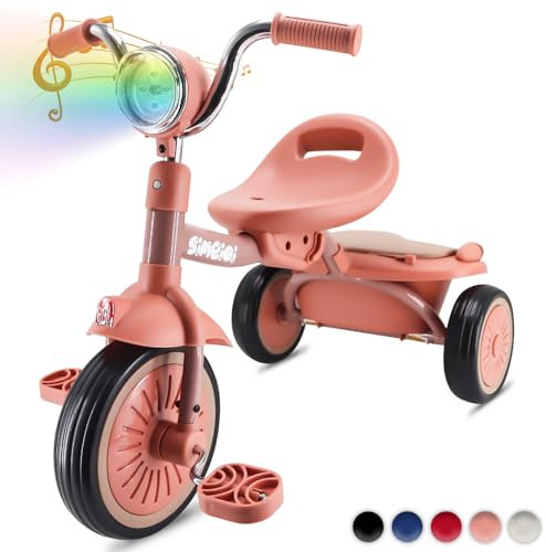 SIMEIQI Toddler Tricycle Foldable Kids Pedal Trike Pedal 3 Wheels Baby Walker Trike for Boys Girls 1-4 Years Old Rear Storage Box Music Headlight