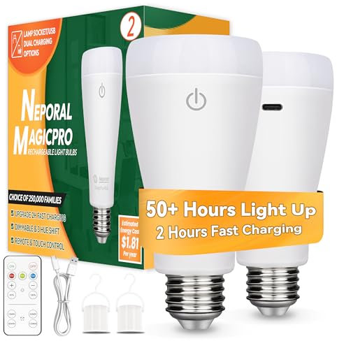 Neporal MagicGlow Rechargeable Light Bulbs with Remote, 3 Color Shift + Dimmable Battery Powered Light Bulbs, USB Rechargeable, A19 Emergency LED Light Bulb, 15W (MAGICPRO, Count, 2.0)
