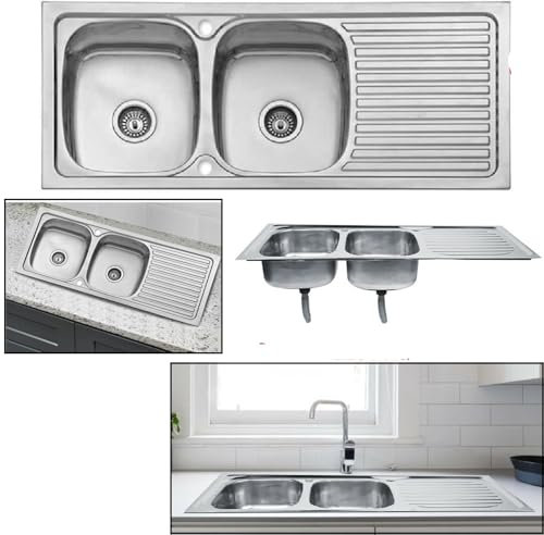 ARA CHOICE 2.0 Equal Twin Bowls Stainless Steel Reversible Large Double Kitchen Sink Catering Dishwasher & Waste Plumbing Kit with Drainer & Inset Wastes Set with 2 Pre-Punched Tap Holes
