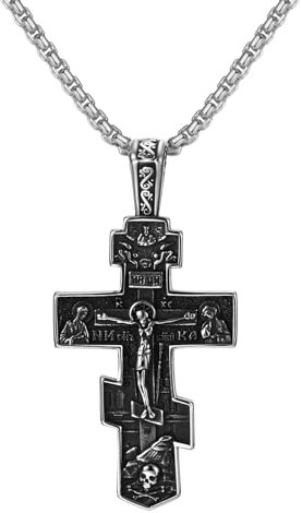 Cupimatch Kreuz Halskette für Herren: Orthodoxe Kette mit Jesus Anhänger aus Edelstahl im Vintage Stil Religiöser Christlicher Schmuck für Männer Jungen