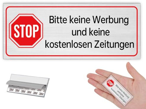 1 Stück Keine Werbung Aufkleber Schild Briefkastenschild Selbstklebend - Stop Bitte keine Werbung und kostenlose Zeitungen [65x25mm, 100% Alu, 3M Tape] - Bitte keine Werbung Aufkleber Schild