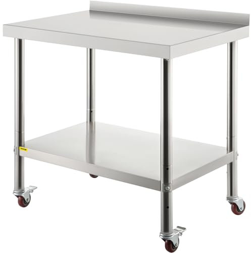 VEVOR Edelstahl-Vorbereitungstisch, 76,2 x 61 x 89 cm, 200 kg Tragkraft, Robuster Metallarbeitstisch mit Verstellbarer Rückwand & 4 Rollen, Gewerblicher Arbeitsplatz für Küchenrestaurants