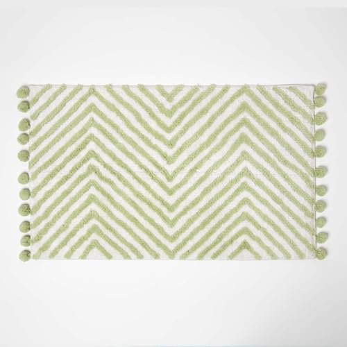 Homescapes Grüne Badematte Zickzack 50x80 cm, Badteppich getuftet, Chevron Badvorleger mit Bommeln