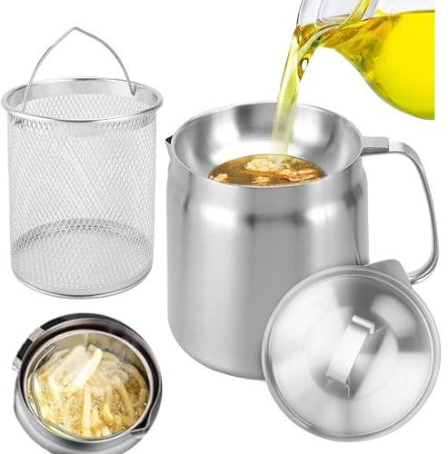 Stainless Steel Oil Filter Pot 68 OZ, 2 in 1 Oil Strainer Pot, 304 Stainless Steel, Large Capacity, Versatile Oil Filter Vessel, 2 in 1 oil strainer pot fryer Multi-Function Deep Fryer Pot 2L