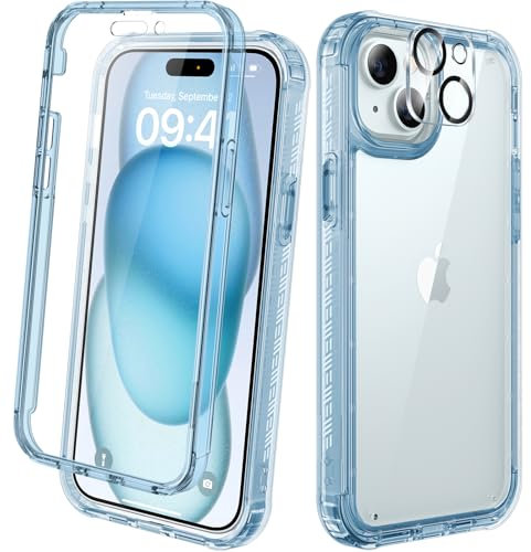 Diaclara for iPhone 15 Plus Case, Full Body Rugged Case with Built-in Touch Sensitive Anti-Scratch Screen Protector + Glass Camera Lens Protector for iPhone 15 Plus 6.7 (Clear Blue)