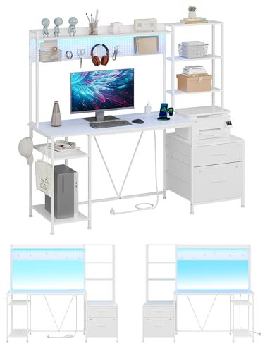 KIMENICH Scrivania PC, Scrivania con Bacheca Fai da te, Scrivania Gaming con LED e Presa, 2 cassetti, 8 Ganci, Ripiani Regolabili, Tavolo da Ufficio, casa, ufficio, 160 cm, Bianco