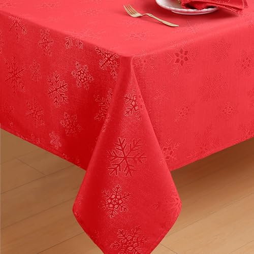 smiry Tischdecke Weihnachten Abwaschbar 80x80 cm Rot mit Schneeflocken Jacquard Weihnachtstischdecke Wasserabweisend Lottusffekt mitteldecke Fleckschutz für Küche Party Deko