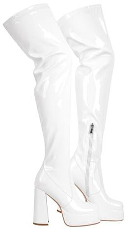 VERISSON Plateforme Bottes hautes pour femme Tige longue avec talon bloc, Couleur : blanc laqué, 40 EU