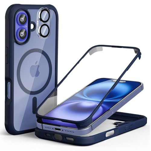 Leedia Kompatibel mit Magsafe iPhone 16 Hülle 360 Grad Schutz Blau | Ganzkörper Schutzhülle mit Eingebauter Panzerglas Displayschutz Stoßfest Case Handyhülle für iPhone 16 6.1
