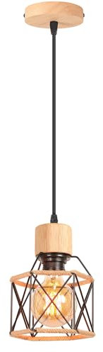 iDEGU Lampada a Sospensione Vintage E27 Plafoniera Industriale in Legno Metallo Gabbia con Corda di Canapa Lampada da Soffitto Retrò Lampadario a Sospensione per Cameretta Cucina Salotto (Legno)