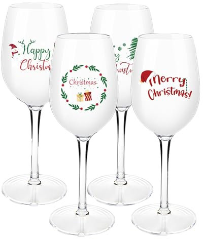 HAHASHOW Wiederverwendbare 370ml Tritan-Plastik Langstielige Weingläser mit Weihnachtsaufkleber unzerbrechlich schwimmende Gläser für Hochzeitstag Urlaub, Satz von 4