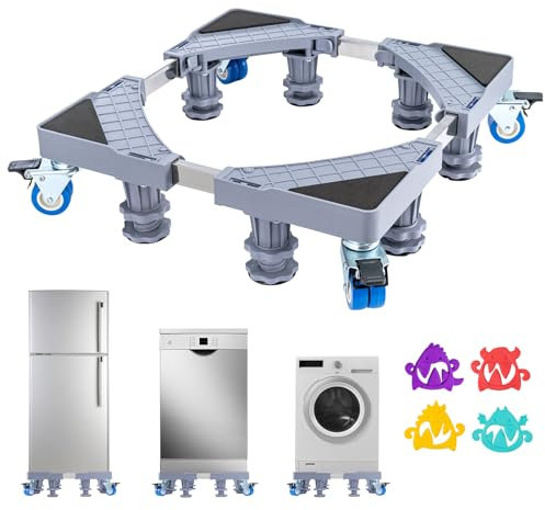 Queiting Waschmaschine Sockel Untergestell Stabil Verstellbare Kühlschrank Sockel Podeste mit 4 Rollen und 8 Füße Länge 42-68 cm Höhe 11-13,5cm für Trockner Waschmaschinenunterbau