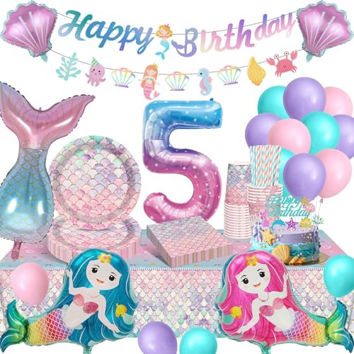 YIMAKJ Décoration Anniversaire Sirène 5 Ans, Kit Anniversaire Fille Sirene, 5 Ans Kit Vaisselles Anniversaire Comprend Sirène Vaisselle de Fête Assiette, Ballons de Sirène, Nappes, pour 16 Invités