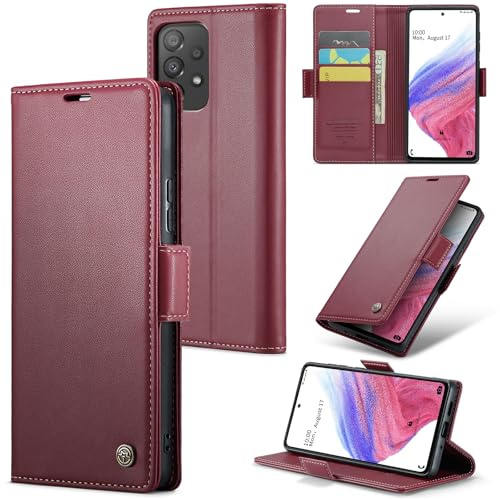 Rerzoiro Handyhülle für Samsung Galaxy A53 5G Hülle, Premium PU Lederhülle Klappbar Flip Case [RFID Blocker] Tasche Magnet Kartenfach Klapphülle Schutzhülle für Samsung Galaxy A53, Rot