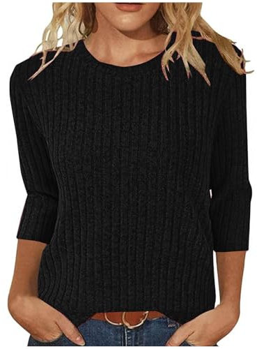Zeiayuas Womens 3/4 Sleeve Tops Ribbed Knit Shirts Sweater Round Neck Sweatshirt Ladies Lightweight Jumpers Solid Color Casual Loose Tunic Tops Black