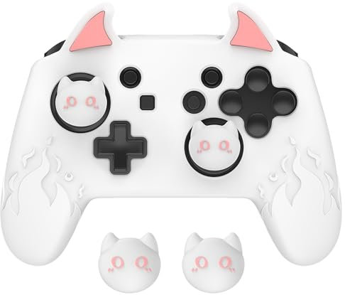 PlayVital Cute Dämon Silikon Hülle für Nintendo Switch Pro Controller, Skin Case Anti-Rutsche Schutzhülle mit Daumengriffkappen und Aufkleber-Weiß