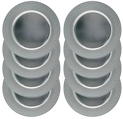 Daniel James Metallic Charger Plates - 33cm Round Reusable Dining Table Setting Plates for Christmas Party, Celebration, Weddings & Table Décor Placemat - Silver Diamond, Pack of 8