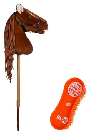 RL24 HKM - Hobby Horse Premium Dunkelfuchs – Steckenpferd mit Trense – Spielpferd aus Plüsch mit Holzstock & Langer Mähne – Stockpferd ohne Griffe & Rollen – Hobby Horse Pferde – Rotbraun
