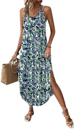 Chicrise Sommerkleid Damen Lang V Ausschnitt Maxikleid Armellose A Linien Spaghetti Trägerkleid Sommer mit Schlitz Blau 3X Groß 56-60
