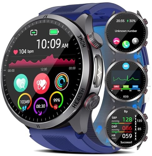 Marsyu 2025 Smartwatch mit Luftpumpen-Blutdruckmessung & EKG 1.43'' AMOLED Gesundheitsuhr 24/7 SpO2/Herzfrequenz/Urinsäure Blutfett Schlaf Körpertemperatur Bluetooth-Anrufe SOS & NFC-Türzugang, Blau