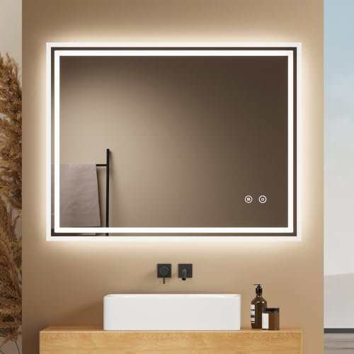EMKE Badspiegel mit Beleuchtung 90x70cm, Badezimmerspiegel mit Touch, Antibeschlag, Kaltweiß Licht dimmbar, Speicherfunktion und automatischer Abschaltung nach 3 Stunden, ideal für Badezimmer