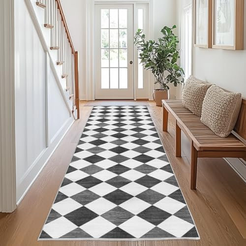 Chicnix Teppich Flur Küche 80x300, Teppich Läufer Waschbar Kurzflor rutschfest für Schmalen Gang, Moderner Kariert Geometrisch Malerei Teppiche für Eingangsbereich Schlafzimmer Dekor, Grau Grau