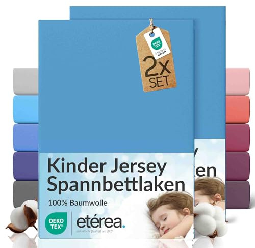 etérea Jersey 2er Set Spannbettlaken 60x120cm - 70x140cm Hellblau bis 15 cm Höhe - 100% Baumwolle Spannbetttuch Oekotex - Doppelpack Bettlaken 60x120 cm - 70x140 cm - Blau