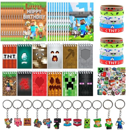 KEVRDRT 106 Pieza Videojuegos Cumpleaños de Regalo, Miner Fiesta Cumpleaños Niños Regalos, Videojuegos Miner Artículos de Fiesta, Cuadernos Llaveros Pegatinas Pulseras Bolsa Regalo