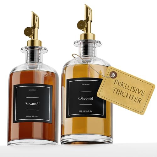 Greymount ® Ölspender Set - 2er Pack 500ml Ölflasche aus Glas mit Ausgießer Gold Schwarz für Olivenöl, Essig und mehr | Auslaufsicher und Tropffrei | Inklusive 27 Etiketten und Trichter