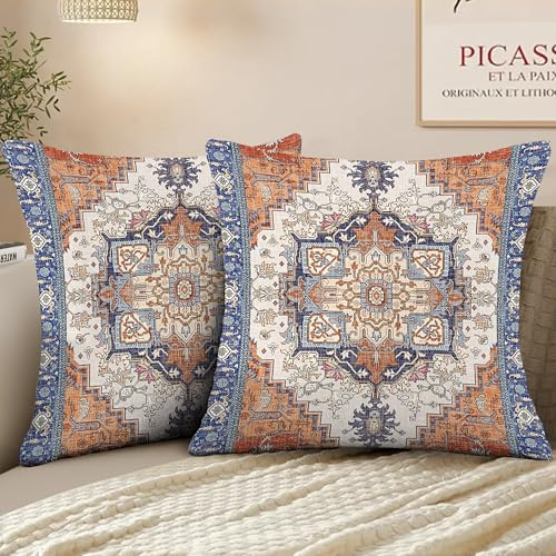 XPHZZL Pack of 2 Bohemian Style Linen Decorative Cushion Covers 65x65 cm Square Throw Pillow Covers 26x26 Inch Boho Style Pillowcases for Outdoor Home Decor Sofa Bedroom Car - Blue Edge Orange