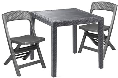 Dmora - Outdoor Lounge Set Falconara, Outdoor oder Indoor Lounge Set, Quadratischer Tisch mit 2 Klappstühlen, Made in Italy, Anthrazit