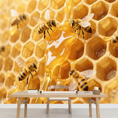 Kuletkear Removable Wall Mural Bee Self-Adhesive Large Wallpaper Honey Waterproof Decals Art for Baby Nursery Girl Boy Kids Room Wall Decor 495x353cm