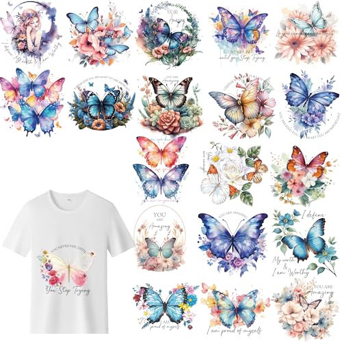 DTF Shirt Transfers Ready Press - 20 Pcs Butterfly Iron on Transfers Ready to Press Tshirts Flower Inspirational Heat Transfer Vinyl Iron on Decals Patches for Clothes Bag Pillow DIY Crafts Stickers