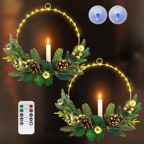 Weihnachtskränze für Haustür mit Lichtern und flackernden LED-Kerzen und Fernbedienung, 40,6 cm Fensterkränze, Kamin-Weihnachtsdekoration, Gold, 2 Stück
