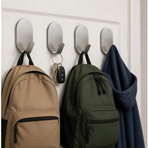 Menylon Self Adhesive Hooks,4 Pack Stainless Steel Wall Hooks Stick on Heavy Duty(Hold 5KG), No Nails Kitchen Bathroom Wall Door Hooks Extra Strong for Hanging Hat Coat Clothes Towel Keys